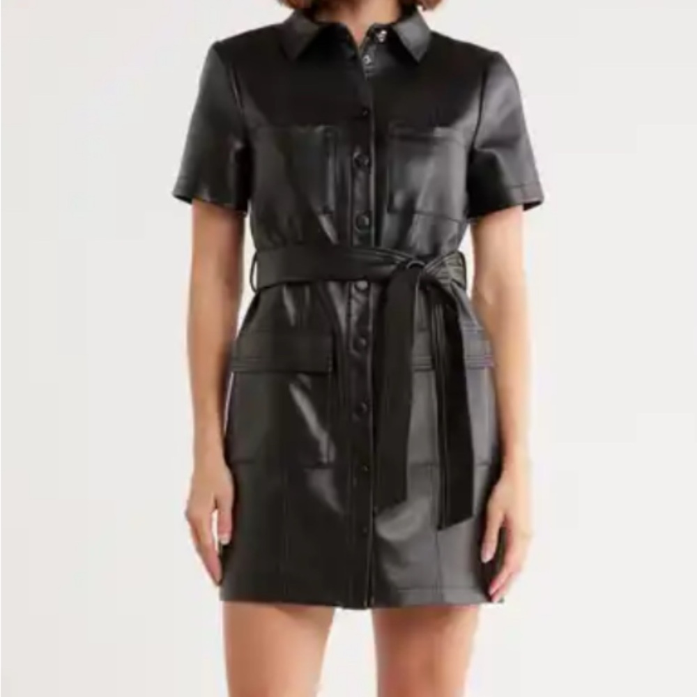 House of Harlow 1960 Faux Leather Belted Shirt Dress Black XS NWT A31